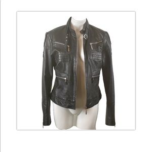 Blanc Noir Real Leather MOTO Jacket Sz L.